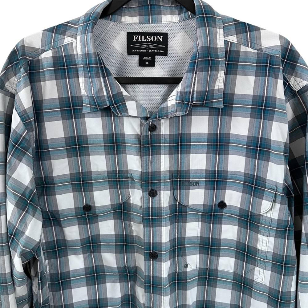 Filson Men's XL Plaid Lightweight Fishing Shirt Vented Back Mesh Lined Blue Gray